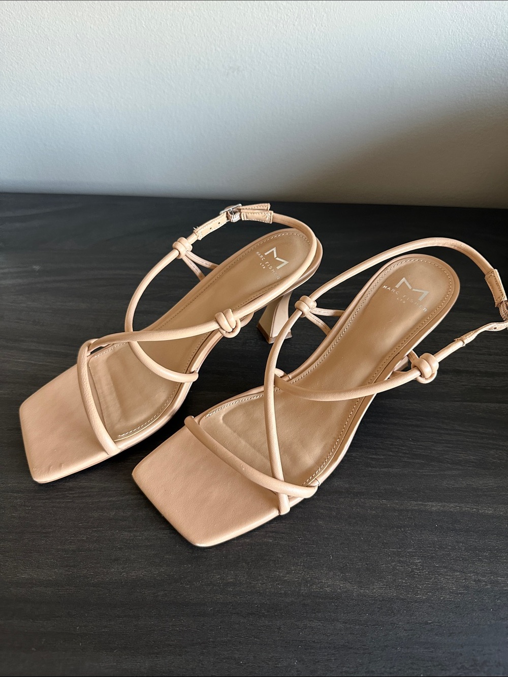 Marc Fisher Nude Knot-Strap Square-Toe Heeled Sandals
